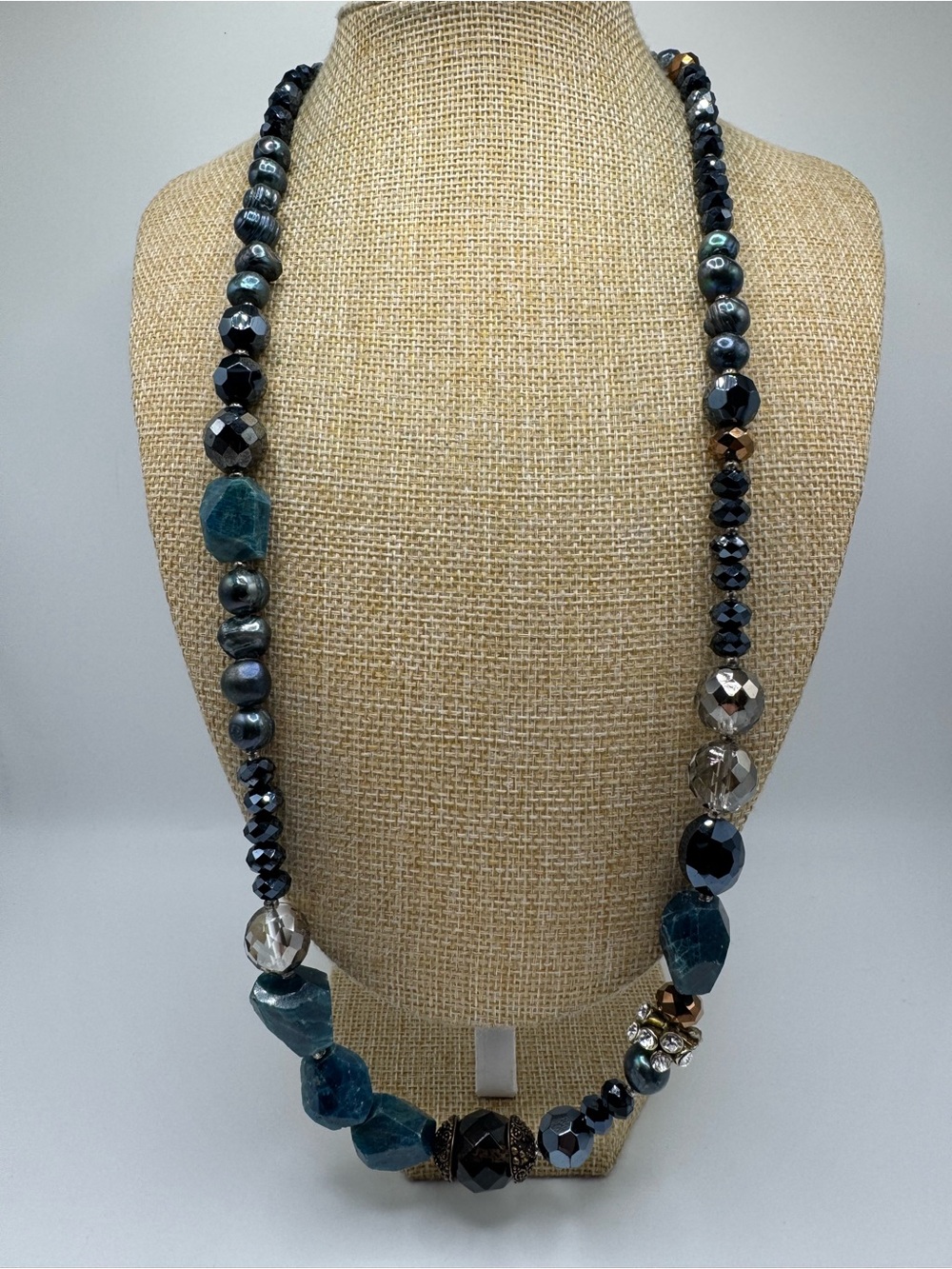 Hand Crafted Teal and Black Mixed Bead Necklace - Stone and Crystal
